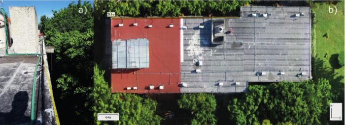 Medición manual in situ (a) y ortomosaico asistido con dron (b).