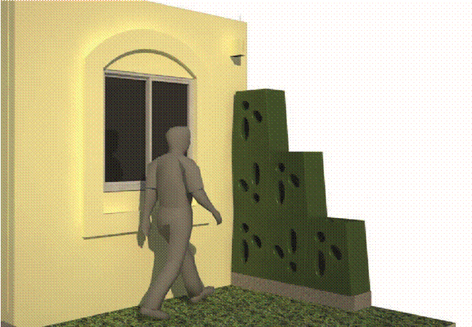 Esquema de la altura del dispositivo de almacenamiento incluyendo escala humana en jardn frontal