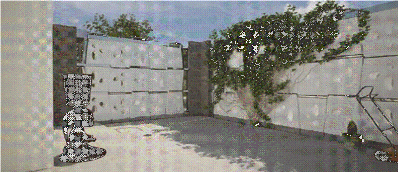 Esquema de implantacin del sistema de captacin en patio posterior, incluyendo mobiliario y vegetacin