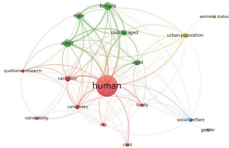 Esquema de visualizaci�n de red bibliom�trica en torno a ciudades cuidadoras, base de datos Scopus, software utilizado vosviewer