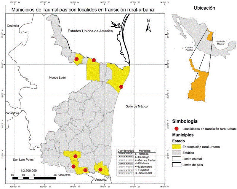 Ubicaci�n de las localidades en transici�n rural-urbana y los municipios a los que corresponden en estado de Tamaulipas