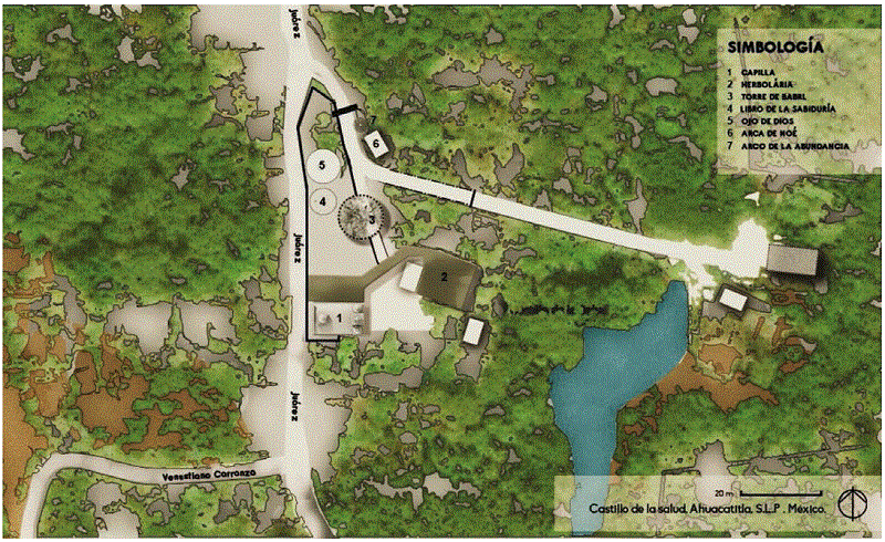 Plano esquem�tico del conjunto Se muestran: 1. capilla, 2. �rea de herbolaria, 3. ubicaci�n de torre, 4. ubicaci�n de monumento &ldquo;Libro de la Sabidur�a&rdquo;, 5. monumento &ldquo;Ojo de Dios&rdquo;, 6. Monumento &ldquo;Arca de No�&rdquo;, 7. Arcada.