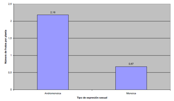 Número de frutos por planta, según el tipo de expresión sexual de los genotipos de melón evaluados.