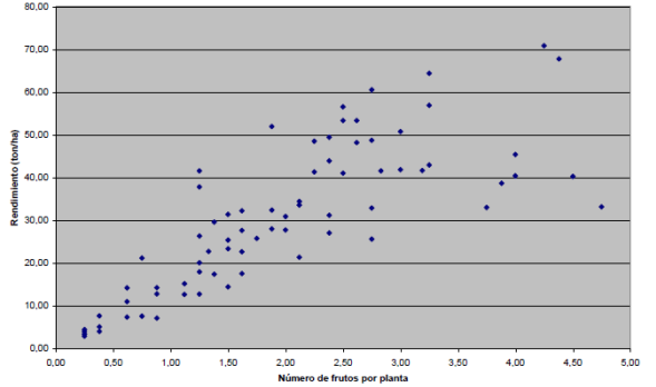 Relación entre el número de frutos por planta y el rendimiento en melón.
