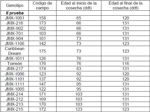 Edad de la planta al inicio y final de la cosecha, para los genotipos evaluados en la segunda prueba.
