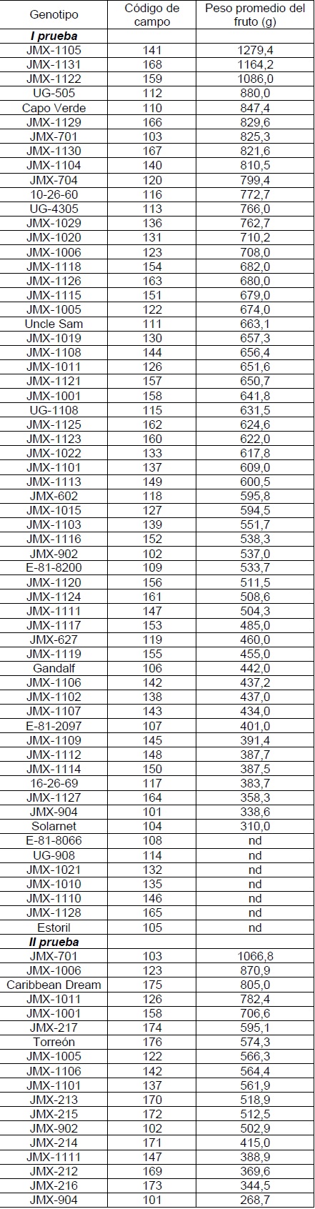 Peso promedio del fruto de los genotipos evaluados.