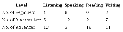 Diagnostic Test rating scale per skill.