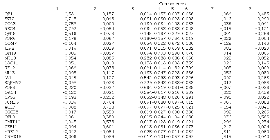 Componentes en espacio rotado del constructo e-quipu