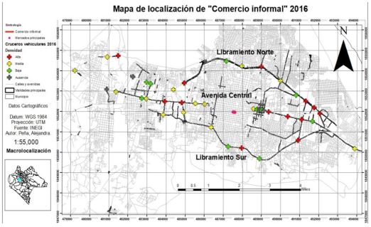 Localizacin de comerciantes informales en cruceros vehiculares y mercado publico Dr Rafael Pascasio Gamboa y Juan Sabines en Tuxtla Gutirrez Chiapas ao 2016