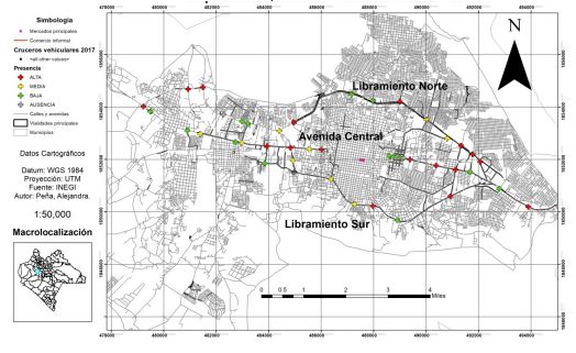 Localizacin y Densidades de Comerciantes informales en cruceros vehiculares en Tuxtla Gutirrez, Chiapas en 2019