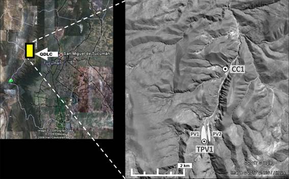 Ubicación geográfica del área de procedencia de los especímenes de Z. mays de TPV1 (Quebrada de Los Corrales, El Infiernillo, Tucumán). PV1 y PV2: Puesto Viejo; CC1: Cueva de Los Corrales 1. Figura en color en la versión en línea http://www.ojs.darwin.edu.ar/index.php/darwiniana/article/view/806/1160