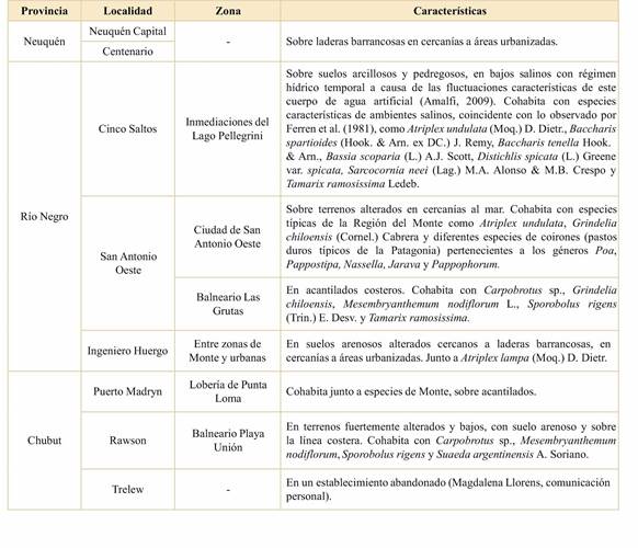 Localidades donde se estudiaron poblaciones espontáneas de Malephora purpurocrocea, características de cada ambiente y elementos florísticos dominantes.