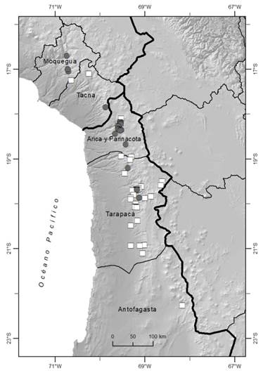 Distribución de Senecio behnii (círculos grises) y Senecio ctenophyllus (cuadrados blancos).