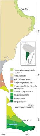 Mapa con la ubicación de los sitios y la fitogeografía del sector litoral de las provincias de Santa Cruz y Tierra del Fuego (tomado de Oliva et al., 2001 y Tuhkanen, 1992). Figura en color en la versión en línea http://www.ojs.darwin.edu.ar/index.php/darwiniana/ article/view/1020/1254