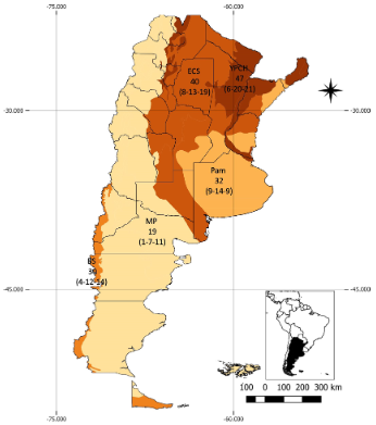 Mapa de las ecorregiones de Argentina agrupadas en cinco zonas según la densidad de árboles en la vegetación dominante. El número de especies exóticas totales se refleja en el orden de colores donde las zonas más oscuras corresponden a un mayor número de especies. Las zonas son: YPCH (Yungas, Selva Paranaense y Chaco Húmedo), ECS (Espinal y Chaco Seco), Pam (Pampa), MP (Monte y Patagonia) y BS (Bosque Subantártico). El número total de especies se encuentra desagregado entre paréntesis (a-b-c): (a) número de especies actualmente problemáticas (b) número de especies potencialmente problemáticas y (c) número de especies no problemáticas. Figura en color en la versión en línea http://www.ojs.darwin.edu.ar/index.php/ darwiniana/article/view/1001/1246