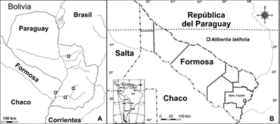 Mapa de distribución de Alibertia latifolia. A, distribución en la región nordeste de Argentina y Paraguay. B, detalle de la provincia de Formosa.