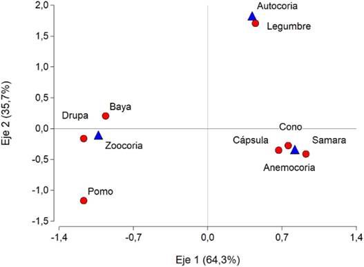 Coordenadas en el plano de los dos primeros ejes del An&aacute;lisis de Correspondencia de las categor&iacute;as forma de dispersi&oacute;n (tri&aacute;ngulos) y tipo de fruto (c&iacute;rculos) de las especies le&ntilde;osas ex&oacute;ticas de Argentina (Yansen & Biganzoli, 2022). El eje 1 y 2 explican el 64,3 y 35,7% de la inercia total respectivamente. Figura en color en la versi&oacute;n en l&iacute;nea https://www.ojs.darwin.edu.ar/index.php/darwiniana/article/view/1086/1299