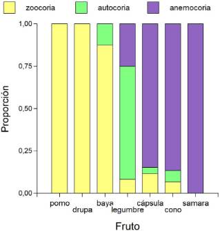 Proporci&oacute;n del tipo predominante de dispersi&oacute;n de las especies le&ntilde;osas ex&oacute;ticas para cada una de las categor&iacute;as de tipo de fruto. Representa las filas de la Tabla 8 ordenadas por el resultado de CA. Figura en color en la versi&oacute;n en l&iacute;nea https://www.ojs.darwin.edu.ar/index.php/darwiniana/article/view/1086/1299