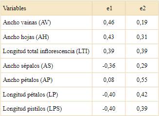 Autovectores e1 y e2 asociados a los componentes principales 1 y 2 para el ejemplo de la Tabla 1.