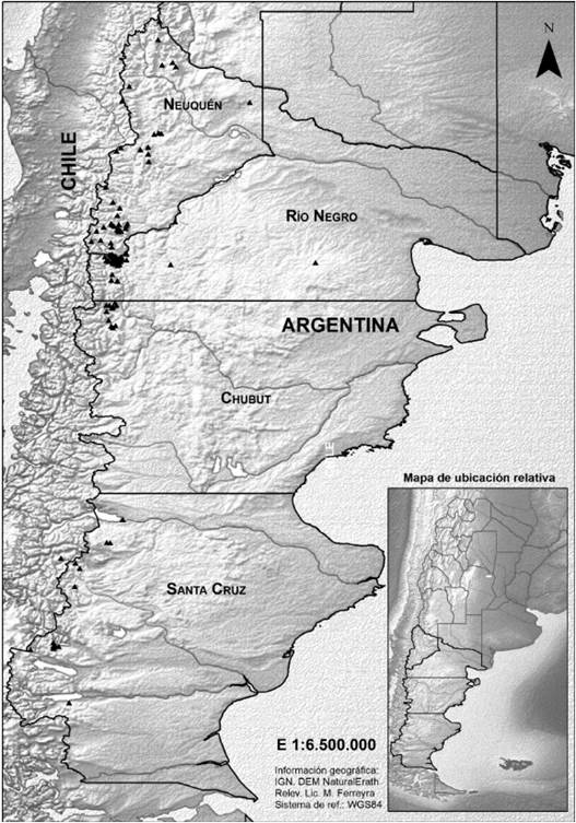 Cerros relevados en las 4 provincias argentinas de la Patagonia continental. Los nombres y coordenadas de cada cerro por provincia en el Ap&eacute;ndice 1.