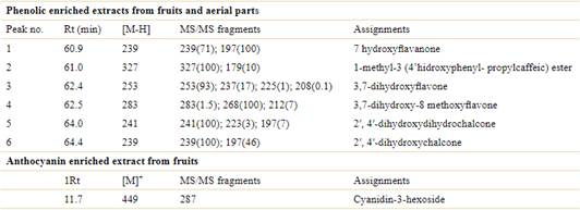 Assignment of Z. punctata phenolics based on HPLC-ESI-MS/MS. Abbreviations: Rt, retention time (minutes); MS/MS, fragmentation pattern with the relative abundance in parenthesis for each proposed phenolic compound; [M-H], negative ion mode; [M]+, positive ion mode.