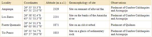 Localities of collection of plant material in Valles Calchaqu&iacute;es of Tucum&aacute;n Province, Argentina: coordinates, altitude, and geomorphology of sites.