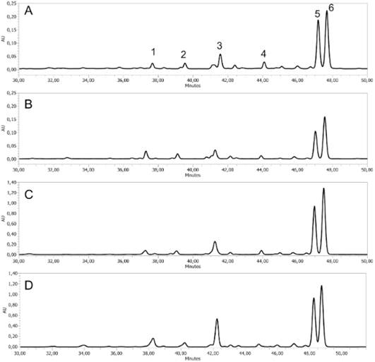 HPLC-DAD profiles of the phenolic-enriched extracts of Zuccagnia punctata aerial vegetative parts and fruits of two morphotypes, red and yellow fruits. A, yellow fruits extract. B, extract of aerial vegetative part of morphotype-yellow (YAP). C, red fruits extract. D, extract of aerial vegetative part of morphotype-red (RAP). Principal components: 1, 7-HF; 2, 1-methyl-3(4&prime; hidroxyphenyl propil caffeic) ester; 3, 3,7 DHF; 4, 3,7 DHMF; 5, 2&prime;, 4&prime; DHdHC; 6, 2&prime;, 4&prime; DHC.