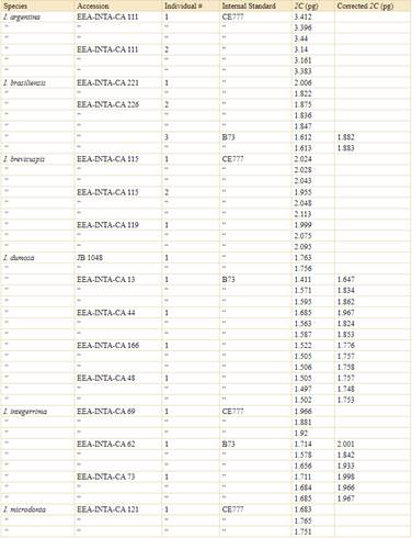 DNA content of southern South American Ilex species. Accession numbers and individuals measured per accession. For each individual and replicates, the internal standard used is indicated and the corrected 2C-value is shown when the standard was B73. The replicates are indicated by rows.