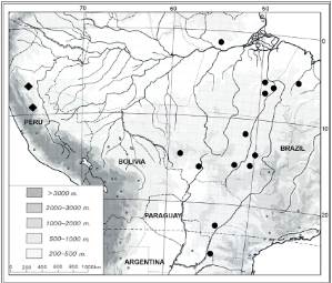 Map of distribution of Aristolochia brachylimba (diamonds) and its closely related species A. stomachoidis (circles).
