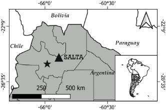 Mapa de distribuci&oacute;n de Petalostelma garrapatense (tri&aacute;ngulo) y Philibertia escoipensis (estrella).