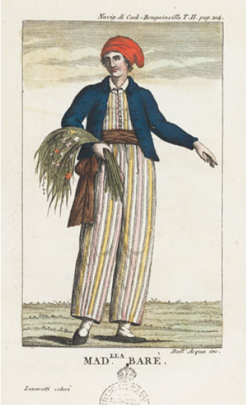 Jeanne Baret. ‘MAD LLA BAR’, Engraving, artist unknown. From Navigazioni de Cook pel grande oceano e itorno al globo, Volume 2, 1816, Sonzogono e Comp, Milano.