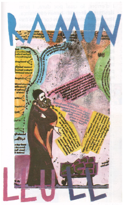 Ilustraci�n de Ricard Huerta sobre Ramon Llull en el manual de literatura catalana para educaci�n secundaria de J. Pellicer, V. L�pez y R. Giner, Tram 3, Barcelona, Editorial Teide, 1993, p. 17.
