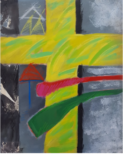 Ricard Huerta, Amat (1984). Pintura acr�lica de la exposici�n Llibre d&rsquo;Amic e Amat de la Casa de Cultura de Mislata. 81 x 100 cm. Col�lecci� Museari. En el texto explicativo del artista se refiere a ella como la creu groga (llegint AMAT).