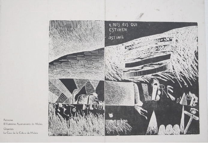 Portadas exteriores de la carpeta de grabados de Ricard Huerta patrocinada por el Ajuntament de Mislata con motivo de su exposici�n Llibre d&rsquo;Amic e Amat en la Casa de la Cultura (1984). 100 ejemplares. Impresi�n en prensa tipogr�fica. 50 x 32,5 cm. Col�lecci� Museari.