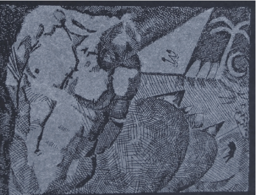 Tercer grabado de la carpeta Llibre d&rsquo;Amic e Amat de Ricard Huerta (1984).