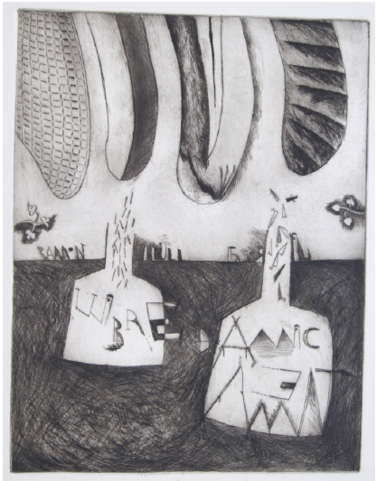 Prueba de estado de un grabado calcogr�fico de Ricard Huerta para su serie Llibre d&rsquo;Amic e Amat (1984).