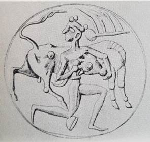 Homem subjugando o touro. Gema gravada de Micenas. Atenas, Museu Nacional