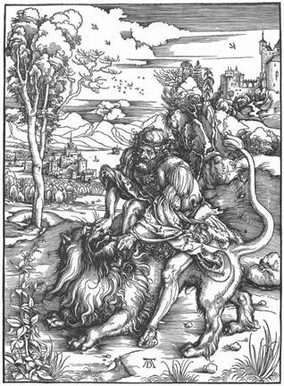 Albrecht Drer, Sanso matando o leo, c. 1498. Xilogravura, 37,4X27,6 cm. British Museum, London