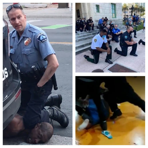  esquerda: O policial Derek Chavin mata George Floyd por asfixia em 25/05/2020 em Minneapolis, nos EUA.  direita, acima: Policiais da cidade de Miami repetem o gesto usado por manifestantes antirracismo nos EUA.  direita, abaixo: Frame de vdeo do espancamento de Luiz Alberto Silveira de Freitas no Supermercado Carrefour em Porto Alegre, em 20/11/2020.