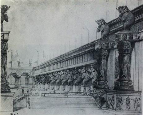 Dibujo en lpiz de Walter I. Hall, que sirvi como modelo para la escenografa de Intolerance de D. W. Griffith (1916)