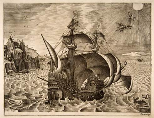 Frans Huys, despus de Pieter Bruegel el Viejo, Galera de tres mstiles con Ddalo e caro en el cielo (1561-1565, Nueva York, The Metropolitan Museum of Art). Estampa, 22,2 x 28,7 cm.