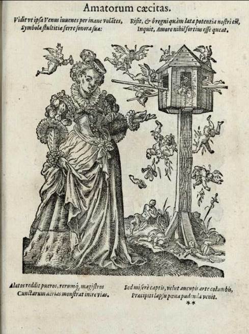 Jost Amman, La ceguera de los amantes, en Philipe Lonicer, Insignia sacrae caesareae maiestatis, Frankfurt am Main, Georgium Corvinum, 1579, s. pg.