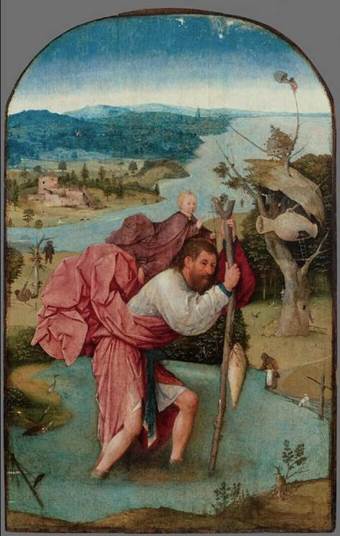 El Bosco, San Cristbal con el Nio a cuestas (h. 1490-1500, Museum Boijmans van Beuningen). leo sobre tabla, 112,7 x 71,8 cm.