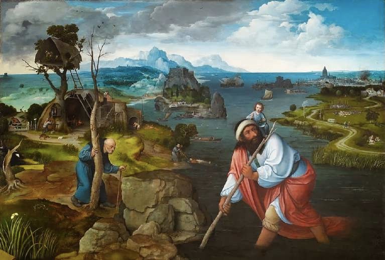 Joachim Patinir, Paisaje con san Cristbal (h. 1520-1524, Real Monasterio de San Lorenzo del Escorial). leo sobre tabla, 127 x 172 cm.