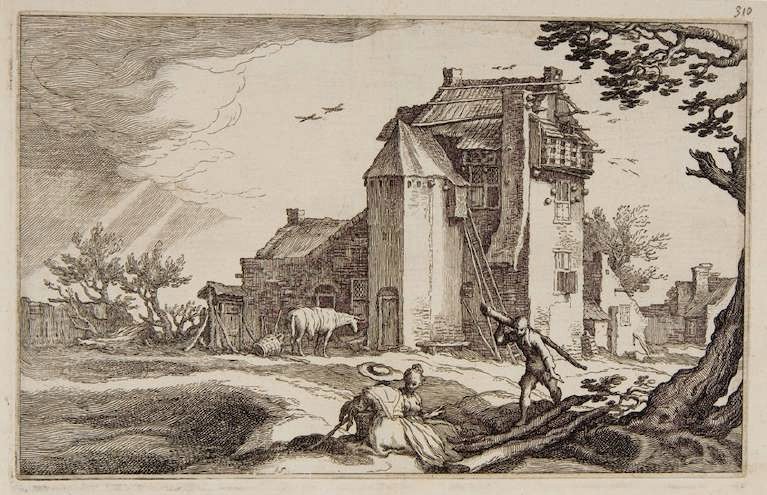 Boetius Adams Bolswert, despus de Abraham Bloemaert, Paisaje con palomar (Cambridge, MA, Harvard Art Museums). Estampa, 15.2 x 24 cm.