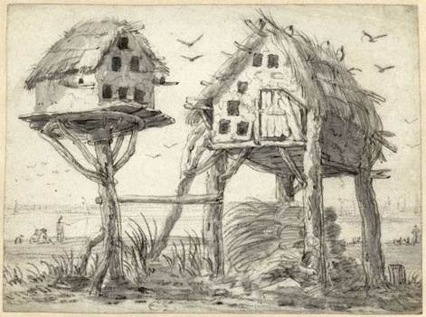 Cornelis Saftleven, Dos palomares sobre pilotes (1617-1681, Amsterdam, Rijksmuseum). Dibujo, 19.1 x 25.8 cm.