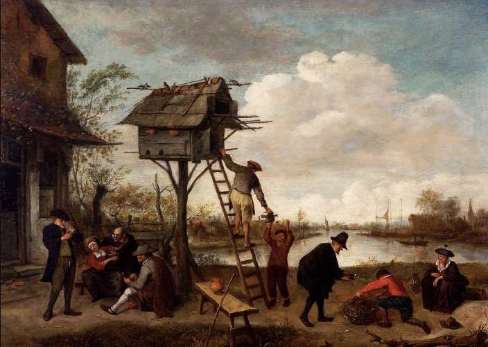 Jan Steen, El palomar (a. de 1654, Pars, Frits Lugt Collection). leo sobre lienzo, 36,8 x 47,5 cm.