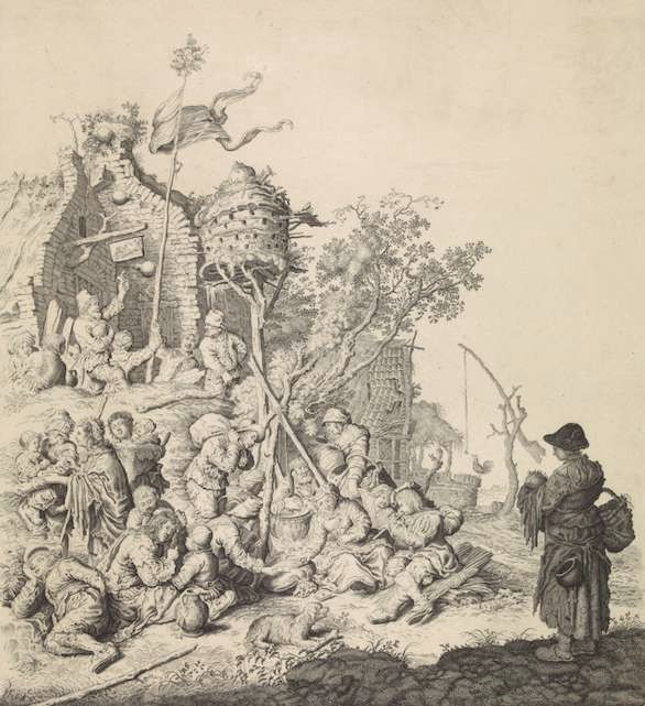 Gerrit Adriaensz de Heer, Gitanos en una venta con palomar (h. 1616-1652, Amsterdam, Rikjsmuseum). Estampa, 45,5 x 43,7 cm.