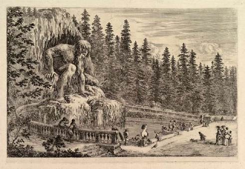 Stefano della Bella, Estatua colosal del Apenino de Giambologna, en Vues de la villa de Pratolino. (h. 1653-1655, Nueva York, The Metropolitan Museum of Art). Estampa, 31,5 x 43,9 cm.