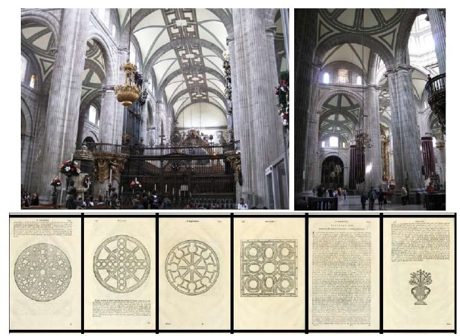 Arriba: Catedral de M�xico, interior. Abajo: Labores para adornar las b�vedas. Fray Lorenzo de San Nicol�s, Arte y uso de arquitectura.